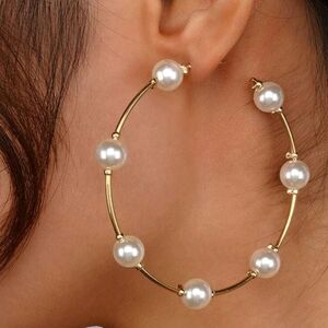 NEW! Gold Plated Pearl Station Large Open Hoop Earrings